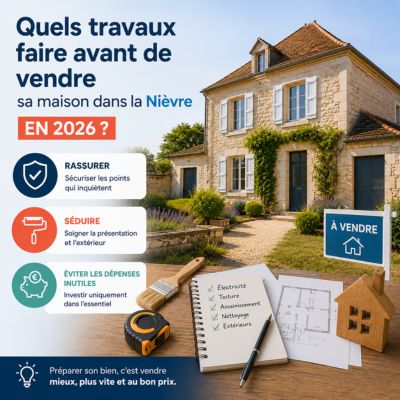 Illustration des travaux utiles avant de vendre une maison dans la Nièvre en 2026 avec maison ancienne, outils de rénovation et conseils immobiliers.