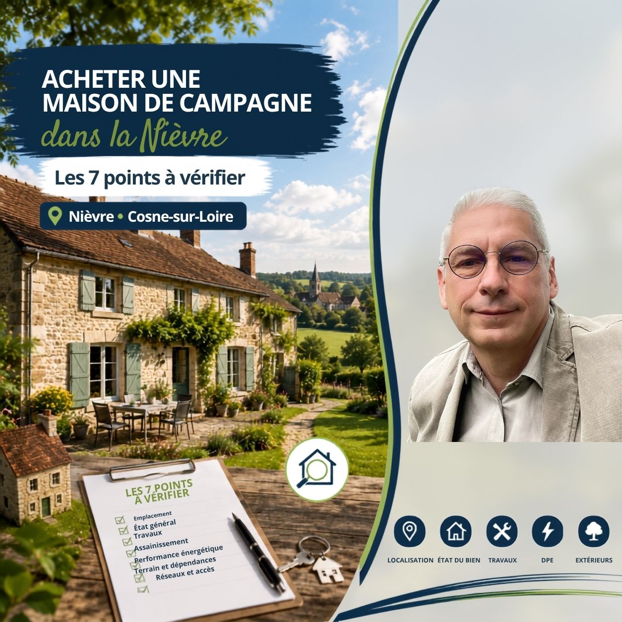 Maison de campagne dans la Nièvre avec checklist des 7 points à vérifier avant un achat immobilier : emplacement, état du bien, travaux, assainissement, DPE, terrain et dépendances.