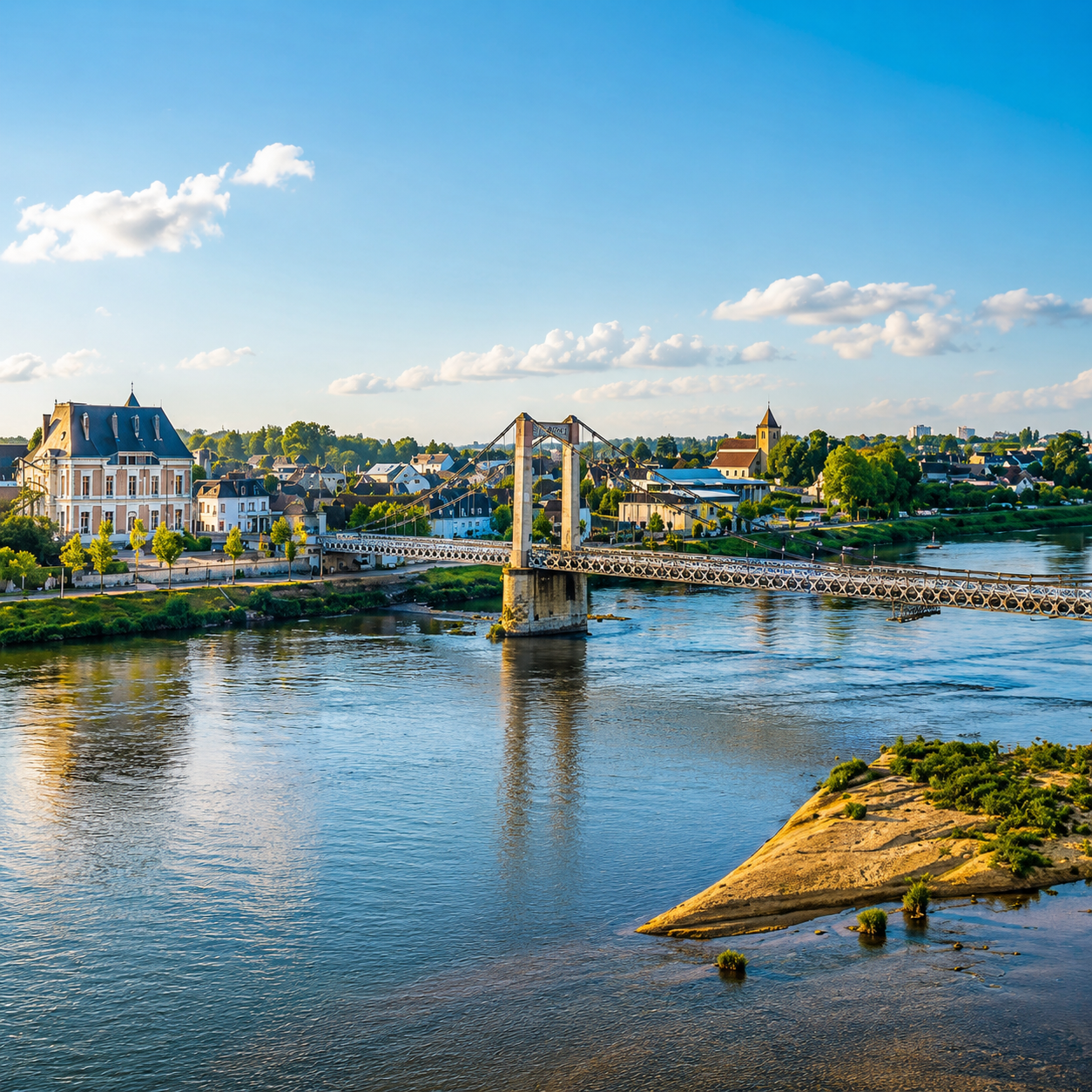 Vue panoramique de Cosne-sur-Loire avec le pont sur la Loire, illustrant la qualité de vie et le cadre naturel de la ville dans la Nièvre.