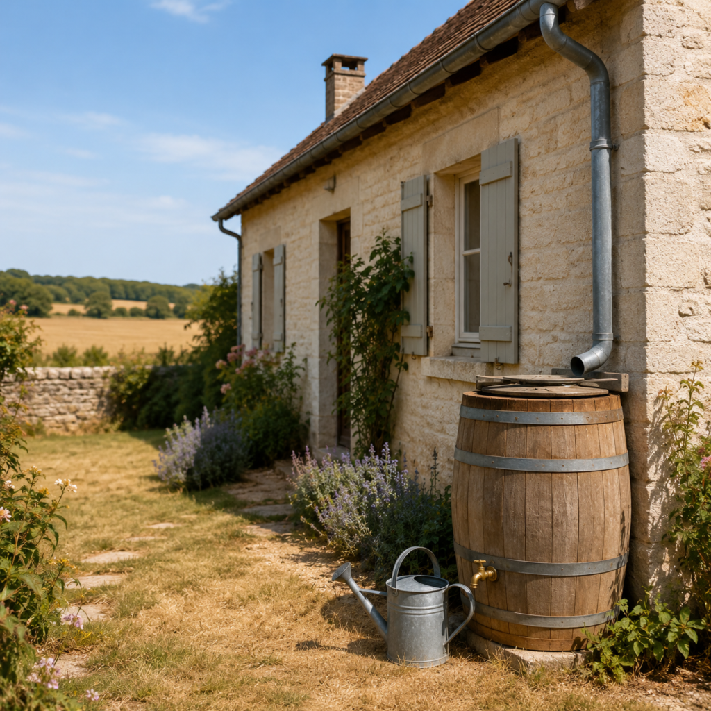 Maison en pierre avec récupérateur d’eau de pluie et jardin sec en été.